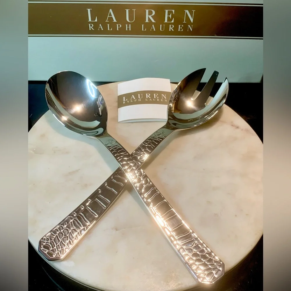 RALPH LAUREN CROCODILE SALAD SERVER SET NEW SILVER STAINLESS STEEL